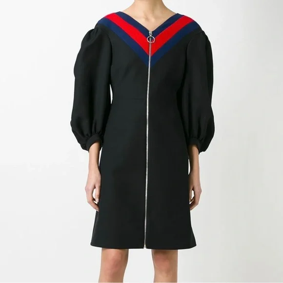 ✨ NWT GUCCI Black Silk Wool Zip Front Web Trim Sheath dress - Picture 2 of 9